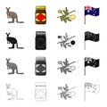 Kangaroo, apple sauce chutney, Australian acacia,wattle, national flag. Australia set collection icons in cartoon black