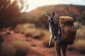 Kangaroo with backpack exploring outdoors on hiking trail. Generative AI image.