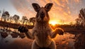 kangaroo balances on his tail taking a sunset selfie