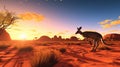 A kangaroo across a desert landscape as the sun lowers