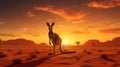 A kangaroo caught mid-hop across a desert landscape