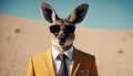 Kangaroo in color suit with sunglasses on a solid color background, vector art, digital art,