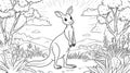 Cute Kangaroo Coloring Page, Australian Outback Landscape, Vector Line Art Royalty Free Stock Photo