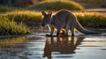 A Thirsty Wallaby Drinking Water At Sunset With Beautiful Reflections On The Surface Royalty Free Stock Photo