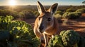 A Curious Kangaroo Discovering Broccoli at Sunset in the Australian Outback Scenery Royalty Free Stock Photo