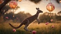Red Kangaroo Jumping at Sunset with Pink Roses and Lanterns Royalty Free Stock Photo