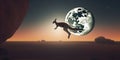 A kangaroo hopping across a stark, moon-like surface, illustrating its powerful jumping abilities against an Royalty Free Stock Photo