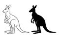 Kangaroo Illustration, Black and White, Outline and Silhouette Versions Royalty Free Stock Photo