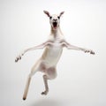 A kangaroo jumping in the air with its mouth open, AI