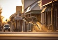 Kangaroo jumping in blurred empty street with side view in morning, generative AI