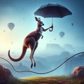 A kangaroo jumping rope with an umbrella in hand, photorealist