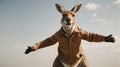 Kangaroo jumps and smiles on a white background.