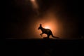 Kangaroo miniature standing at foggy night. Creative table decoration with colorful backlight with fog