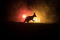 Kangaroo miniature standing at foggy night. Creative table decoration with colorful backlight with fog