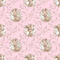 Seamless childish pattern Kangaroo mom and baby  on a eucalyptus tree branches with leaves. Seamless Patterns. Cute Cartoon Charac Royalty Free Stock Photo