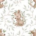 Kangaroo mom and baby on a eucalyptus tree branches with leaves. Seamless Patterns. Cute Cartoon Character. Hand drawn illustrati Royalty Free Stock Photo