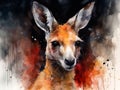 Kangaroo portrait. Watercolor painting style with reds and black in background