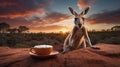 Kangaroo Sunrise Coffee Break: A Red Rock Outback Scene Royalty Free Stock Photo