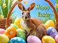 A kangaroo sitting in a basket full of colorful Easter eggs.