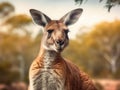 Kangaroo is standing in front of some trees and bushes. The kangaroo has its head turned to look at camera, with its