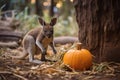 a kangaroo standing next to a pumpkin