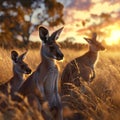 Kangaroo standing in the savanna with setting sun shining.