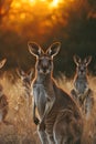 Kangaroo standing in the savanna with setting sun shining.