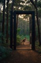 Kangaroo Silhouette at Open Gate in Australian Forest at Dawn Royalty Free Stock Photo