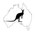 Kangaroo vector silhouette on Australian map vector silhouette contour illustration isolated on white background. Continent symbol Royalty Free Stock Photo