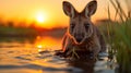 Kangaroo in the water at sunset. Australian kangaroo Generative AI Royalty Free Stock Photo