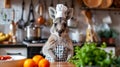 A kangaroo wearing a chef's hat and standing in front of vegetables, AI