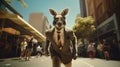 A kangaroo wearing a suit and tie walking down the street, AI