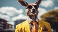 A kangaroo wearing a yellow suit and tie with sunglasses, AI