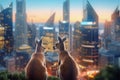 Kangaroos sitting against the background of a big city, generative ai Royalty Free Stock Photo