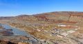 Kangerlussuaq greenlandic town aerial view on the living blocks and runway of the airport