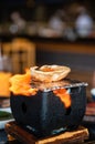 Kani Miso, Steamed crab meat in shell on charcoal stove in japanese restaurant