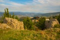 KANINE, ALBANIA: Beautiful landscape with views of the old fortress walls of Kanina Castle.