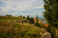 KANINE, ALBANIA: Beautiful landscape with views of the old fortress walls of Kanina Castle.