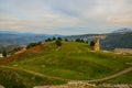 KANINE, ALBANIA: Landscape to ruined Kanine Castle and mountain.