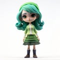 3d Sculpted Figurine Of A Cartoon Girl In Green Dress With Green Hair