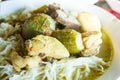Kanom jeen green curry with chicken (white noodles with green cu