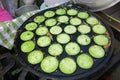 Kanom Krok, a sweet Thai dessert recipe made of ground jasmine rice and coconut milk as a base,poured into a cast iron pan