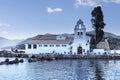 Kanoni, the church of Panagia Vlacherna and the Mouse Island on the Greek Island of Corfu Royalty Free Stock Photo