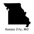 Kansas City on Missouri State Map. Detailed MO State Map with Location Pin on Kansas City. Black silhouette vector map isolated on Royalty Free Stock Photo