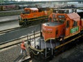 Locomotive engineer at the BNSF Union Pacific Railway train yard, Kansas City, United States