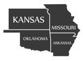 Kansas - Missouri - Oklahoma - Arkansas Map labelled black