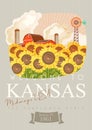 Kansas is a US state. Sunflowers. Tourist poster and souvenir. Beautiful places of the United States of America on postcard