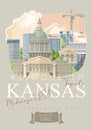 Kansas is a US state. Topeka. Tourist poster and souvenir. Beautiful places of the United States of America on postcard