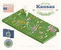 Kansas is a US state. Vector isometric of tourist card and souvenir. Beautiful places of the United States of America on posters