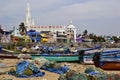 Fishermen boats and nets on the beach Royalty Free Stock Photo